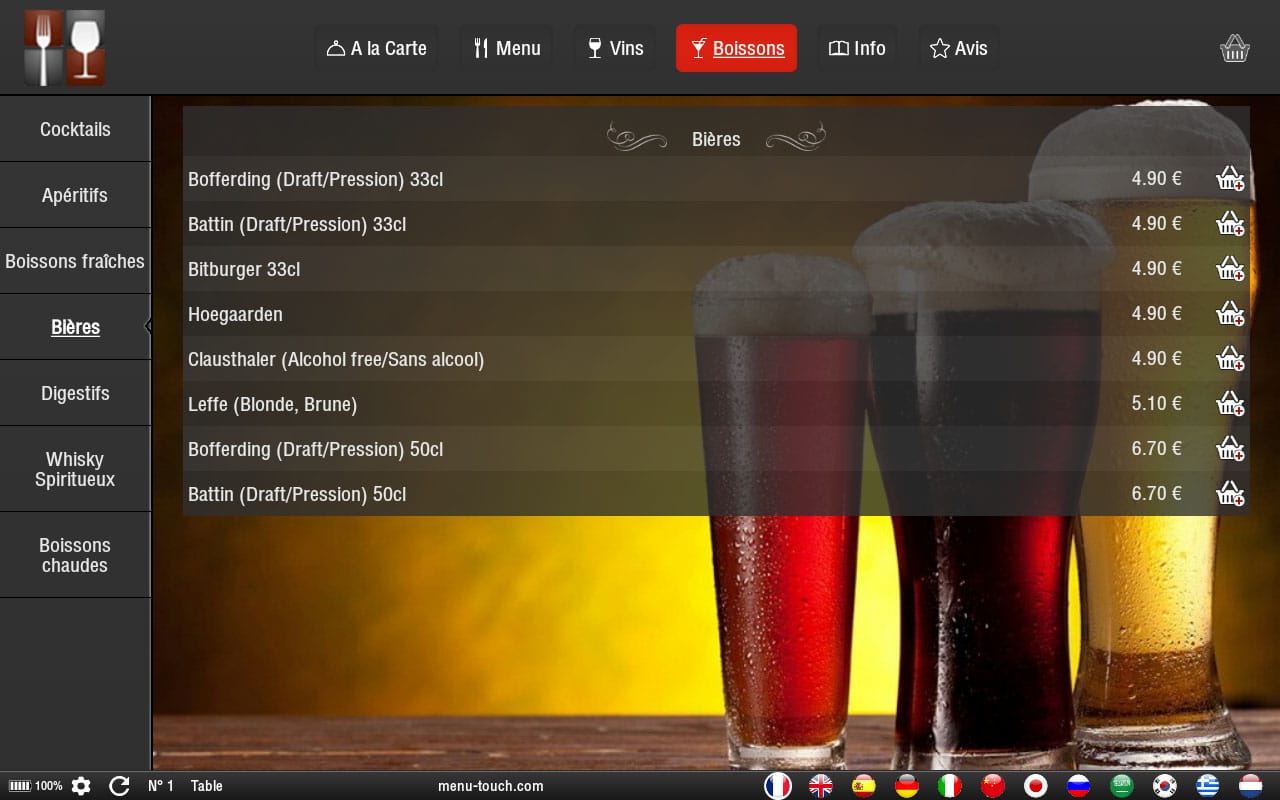 Interface application mobile pour menu digital - carte des bières - MenuTouch