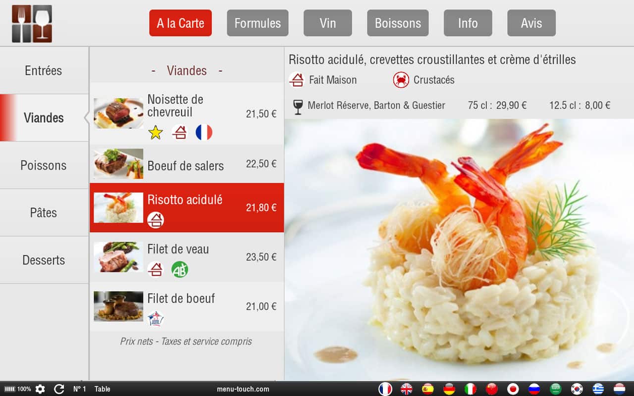 Interface application mobile pour menu digital - carte des plats - MenuTouch