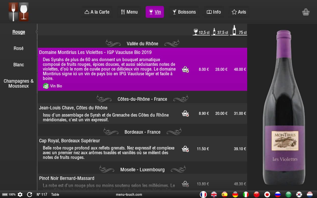 Interface application mobile pour menu digital - carte des vins - MenuTouch