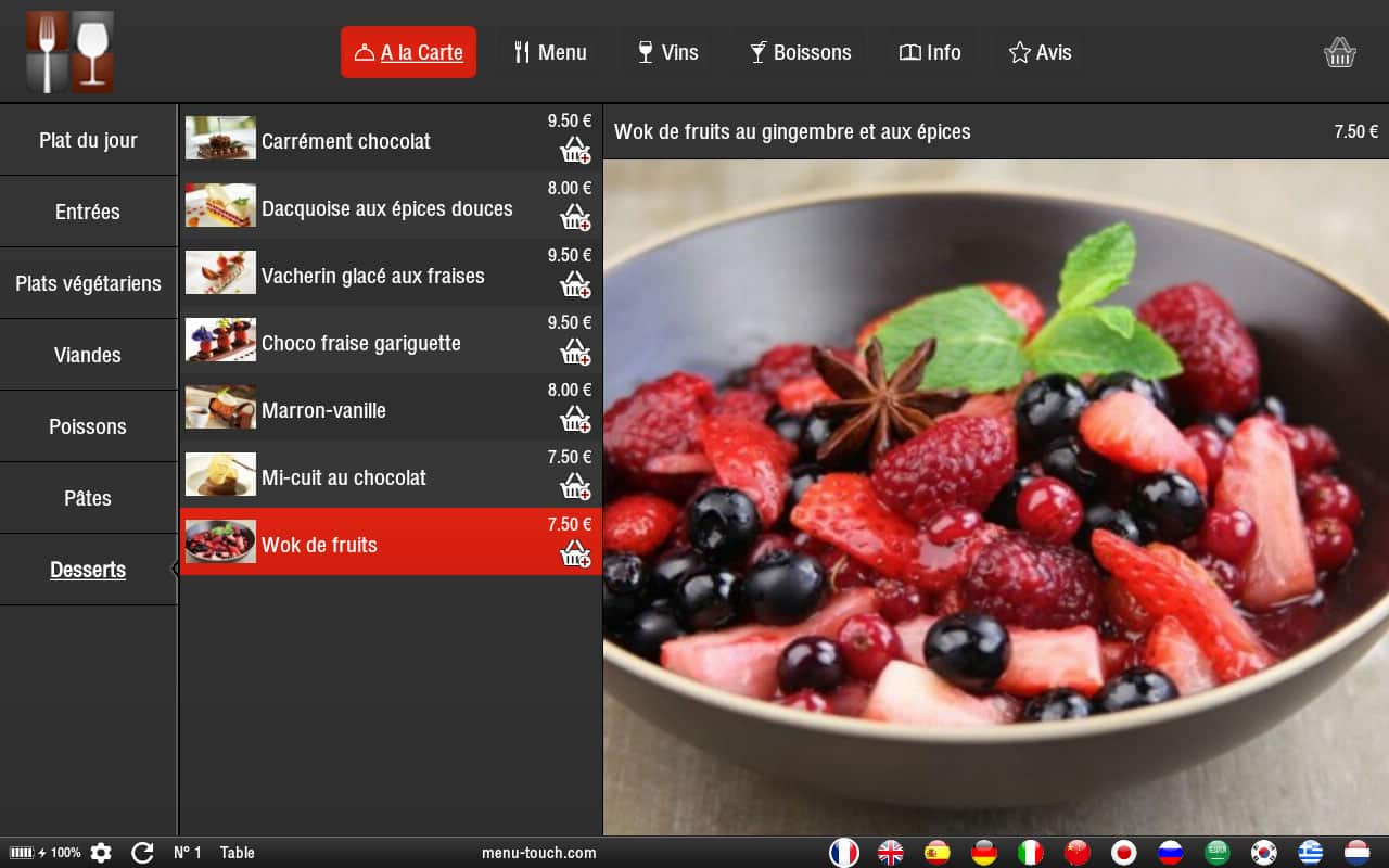 Interface application mobile pour menu digital - carte des desserts et salade de frtuis - MenuTouch