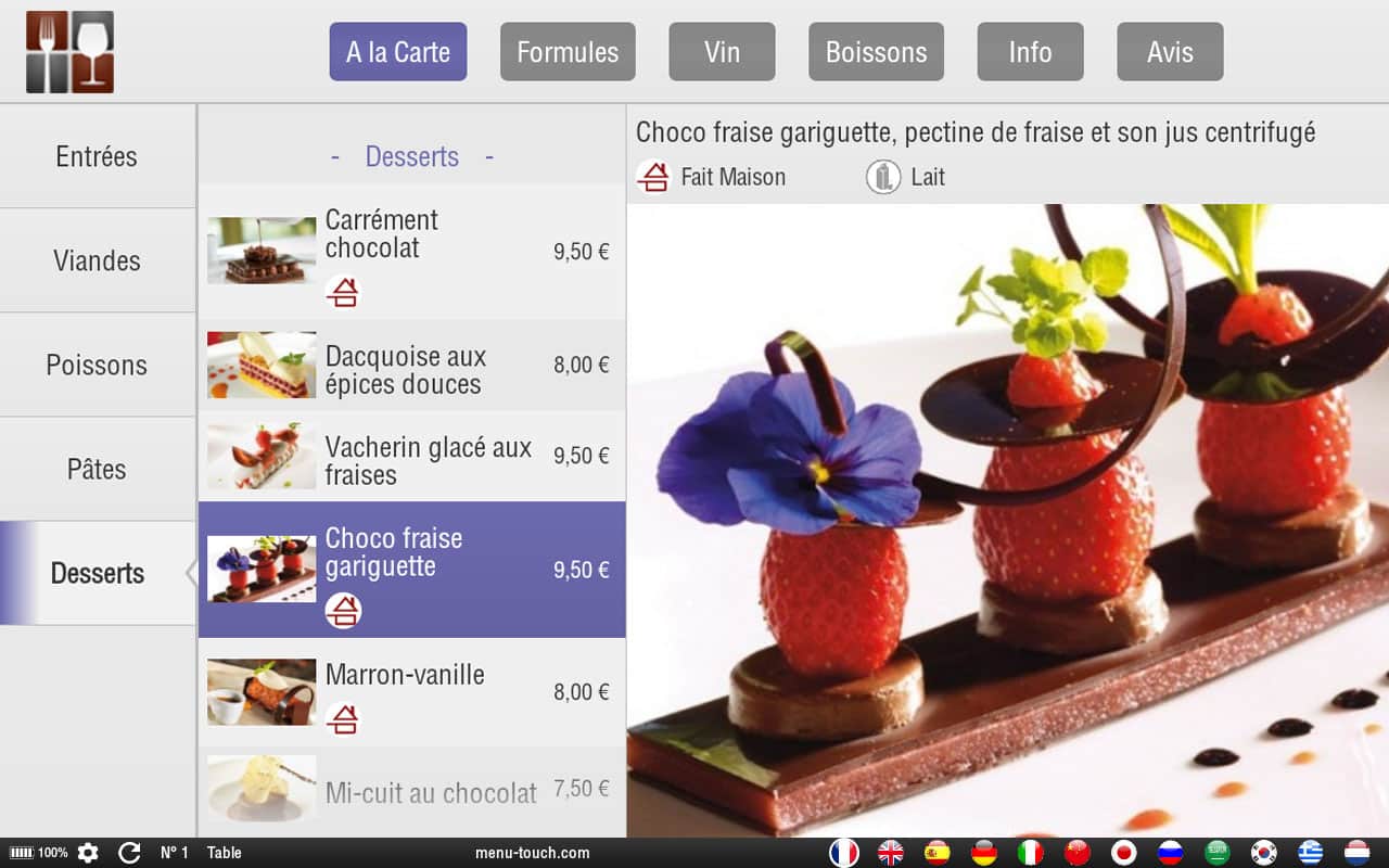 Interface application mobile pour menu digital - carte des desserts - MenuTouch