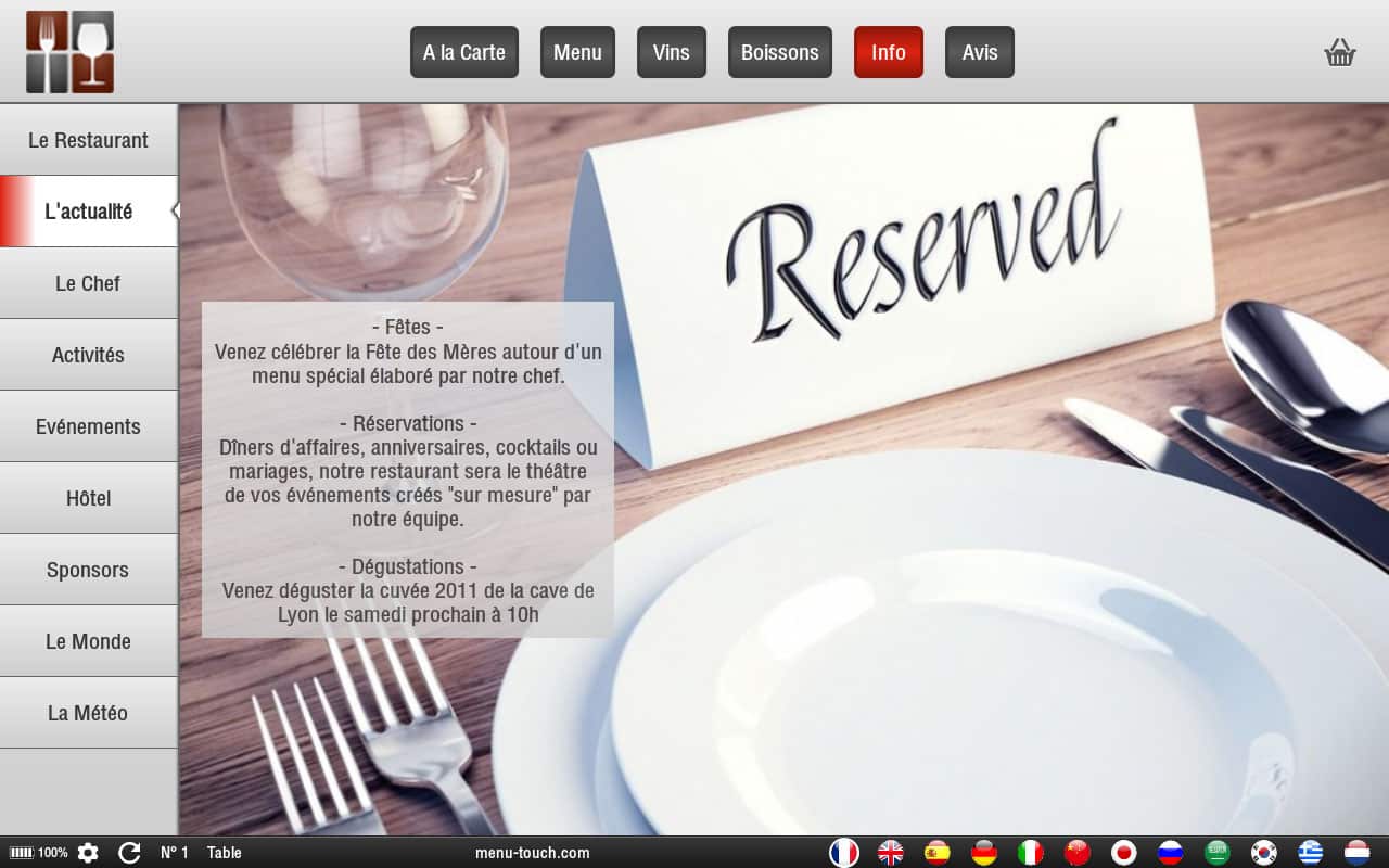 Interface application mobile pour menu digital - informations de réservation - MenuTouch
