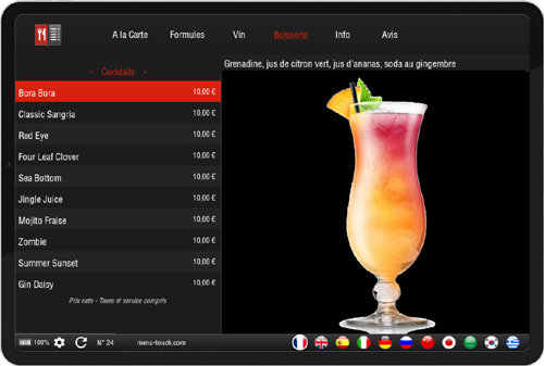Interface application mobile pour menu digital - carte des cocktails - MenuTouch