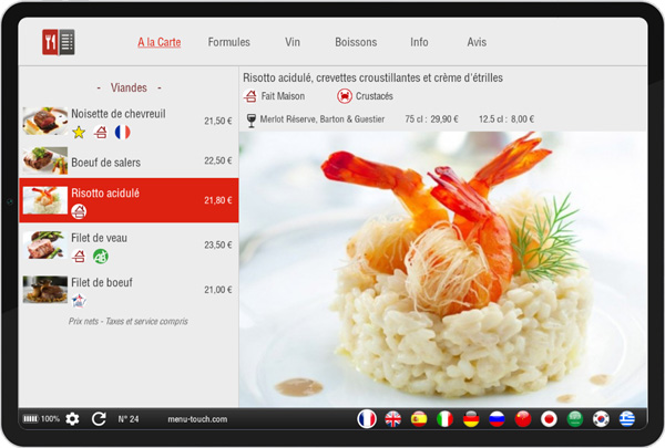 Interface application mobile pour menu digital - carte des plats - MenuTouch