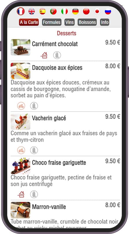 Interface application smartphone pour menu digital - carte des plats - MenuTouch