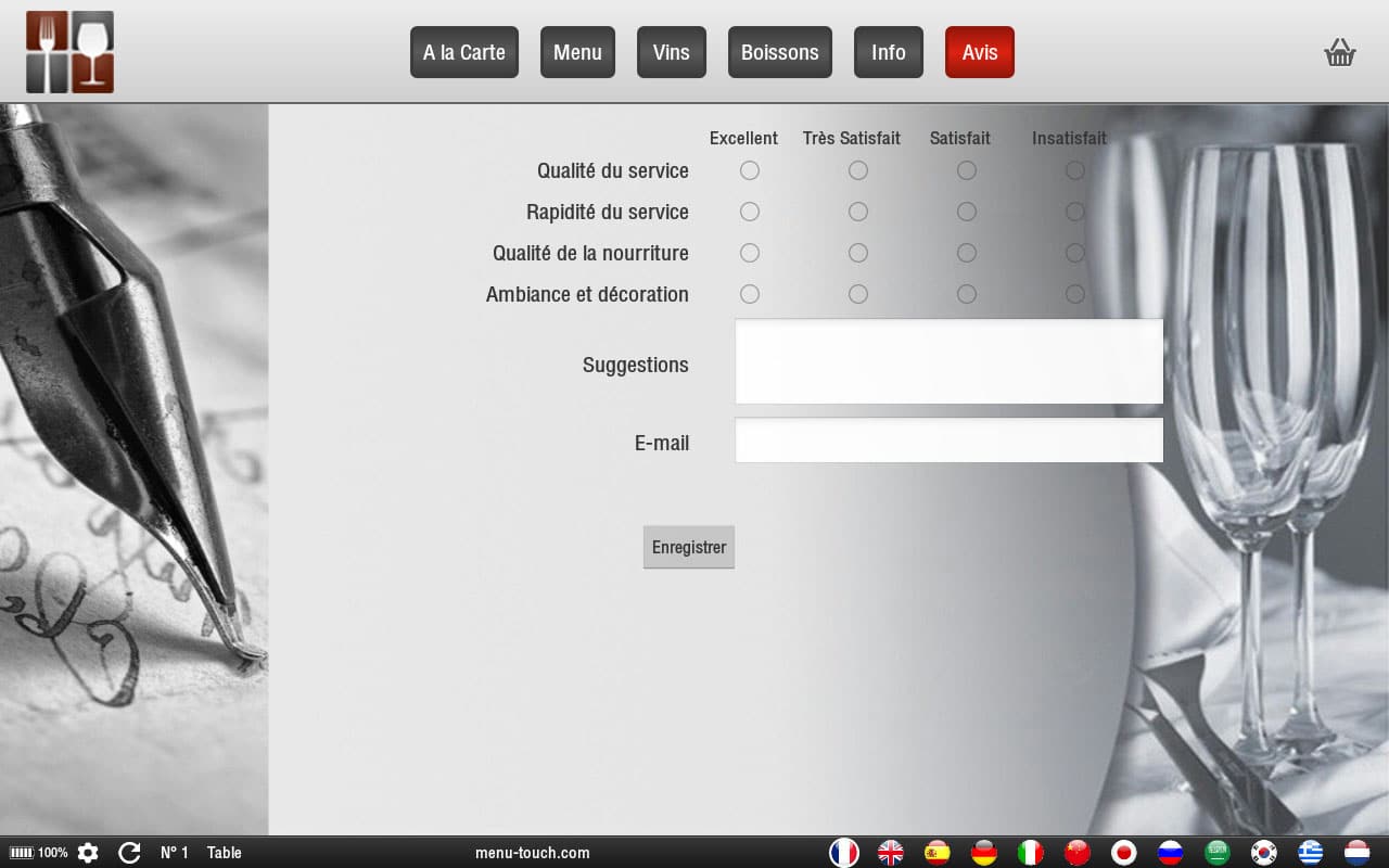 Interface application mobile pour menu digital - satisfaction client - MenuTouch